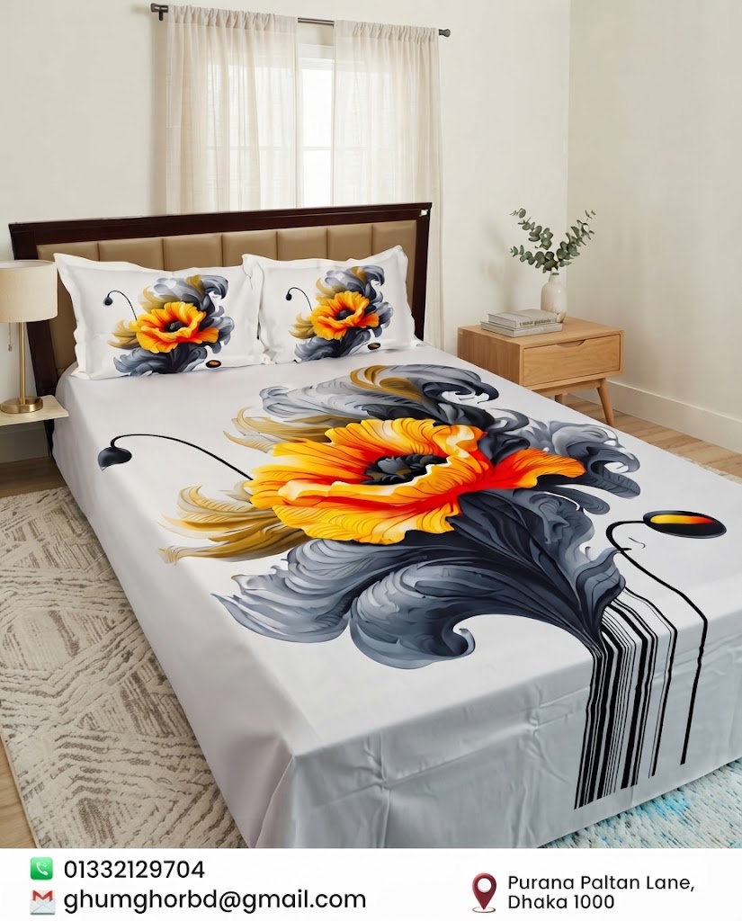 Ghum Ghor Orange Floral King Size Bed Sheet – Elegant Flower Print Collection