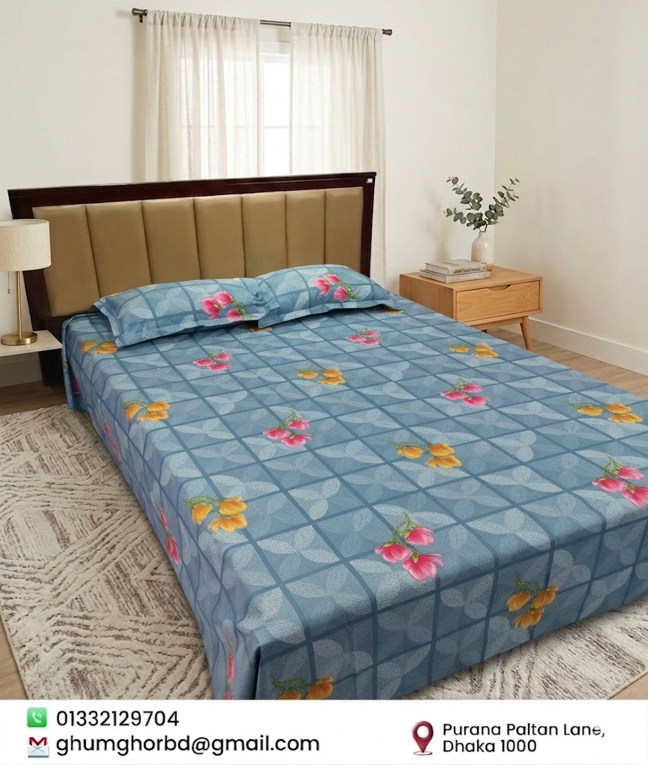 Floral Check Print Bed Sheet Set with 2 Pillow Covers | Ghum Ghor